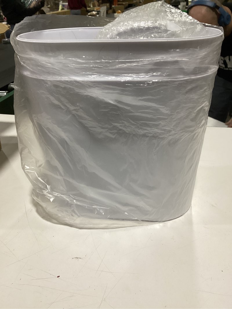 Condition photo showing As Is for jinligogo 2 Pack 5 Gallon Bathroom Trash Can with Lid, Automatic Motion Sensor White Trash Can, Touchless Slim Waterproof Garbage Bin for Kitchen, Bedroom, Office, and Bathroom 2 Pack 5 Gallon White