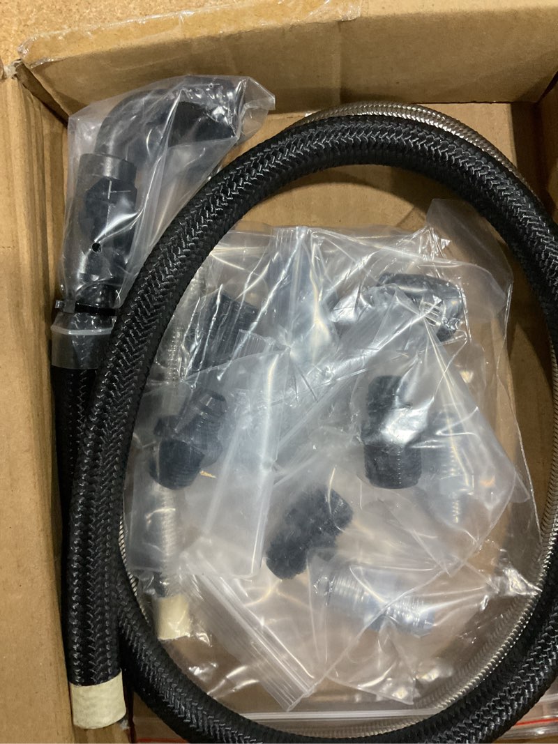 Condition photo showing New/Like New for 6an power steering pump hose kit 25inch compatible with chevy c10 ls engine, high/low pressure with leak-proof design connects to gm type ii power steering pump