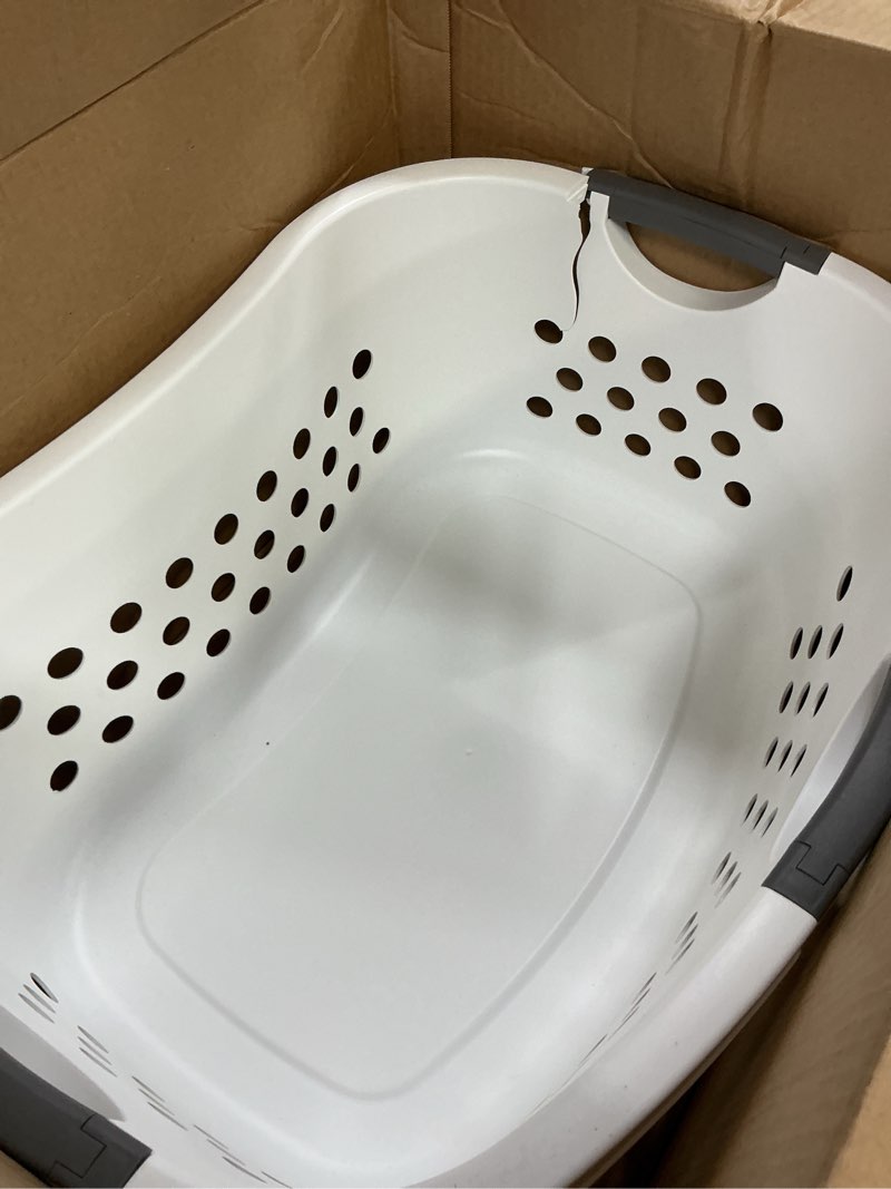 Condition photo showing As Is for iris usa laundry basket hamper bag, large plastic 50l / 1.5 bushel dirty clothes sorter bin organizer for blankets bathroom dorm bedroom with ventilation holes hip hold built-in carry handles, white 50l - 1 pack hip holder