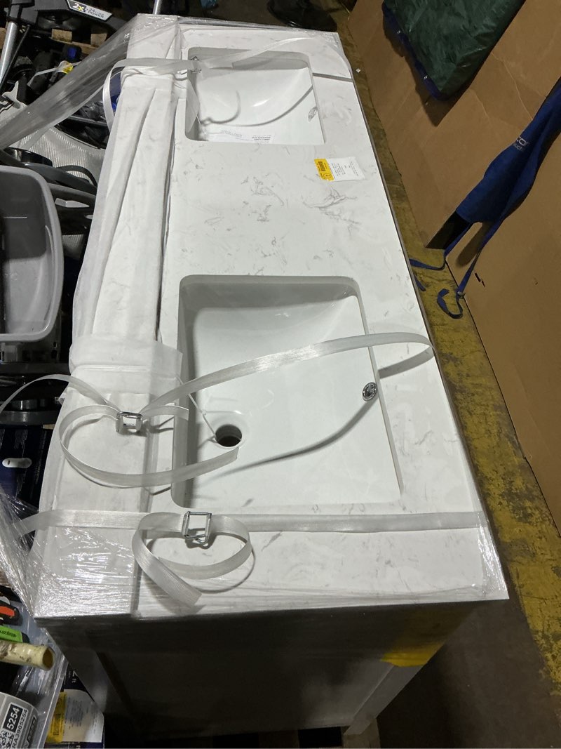 Condition photo showing As Is for allen roth sandbanks 60-in flaxen greige undermount double sink bathroom vanity with