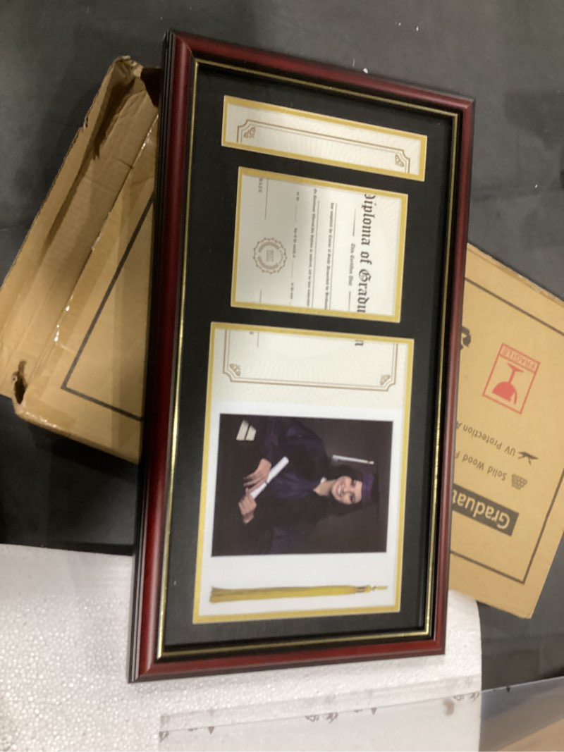Condition photo showing Good Condition for graduationmall 11x22 cherry diploma frame with tassel holder and picture for 8.5x11 certificate 5x7 photo,tempered glass,black over gold mat