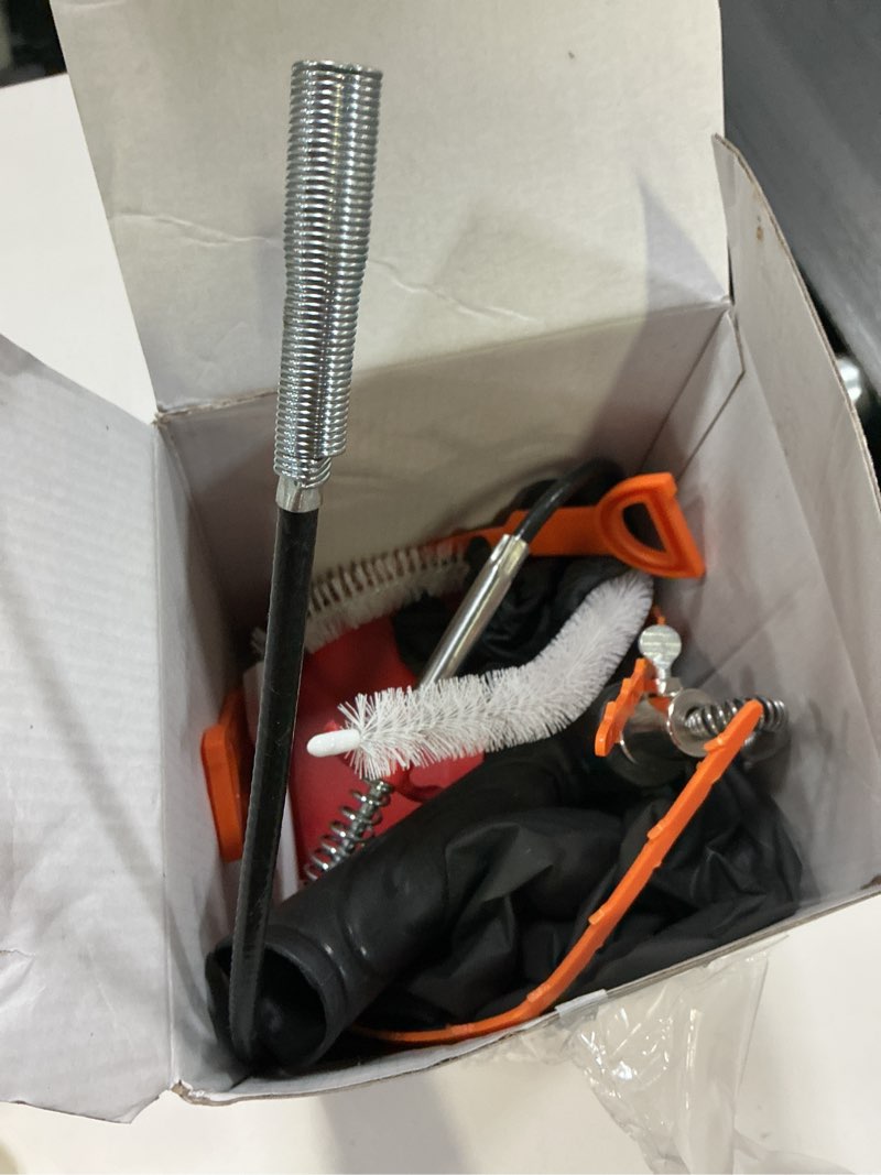Condition photo showing Good Condition for drain snake auger 33 ft, plumbing snake drain hair clog removal tool, heavy duty snake auger, sink unclogger drain cleaner tool for bathroom kitchen tub shower drain clog remover with gloves, red 33 feet drain auger