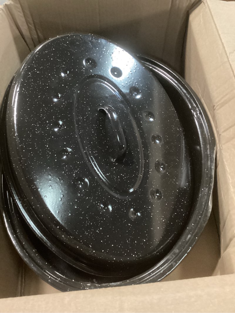 Condition photo showing As Is for 19” turkey roasting pan enamel oval granite large roaster pan with lid with 17in inner diameter large capacity suitable for thanksgiving enamel cook ware dishwasher compatibility oven christmas gift oval 19inch