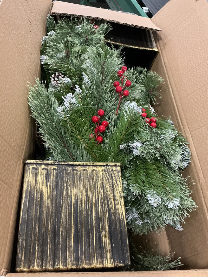 Condition photo showing As Is for Jin&Bao 4FT Potted Christmas Tree with 100 Lights, 2 Pack Artificial Xmax Tree Timer Function with Round Pine Cones & Red Berries, 3AA Battery Operated Christmas Decorations for Outdoor, Porch Frosted Tree 4FT-2 Pack