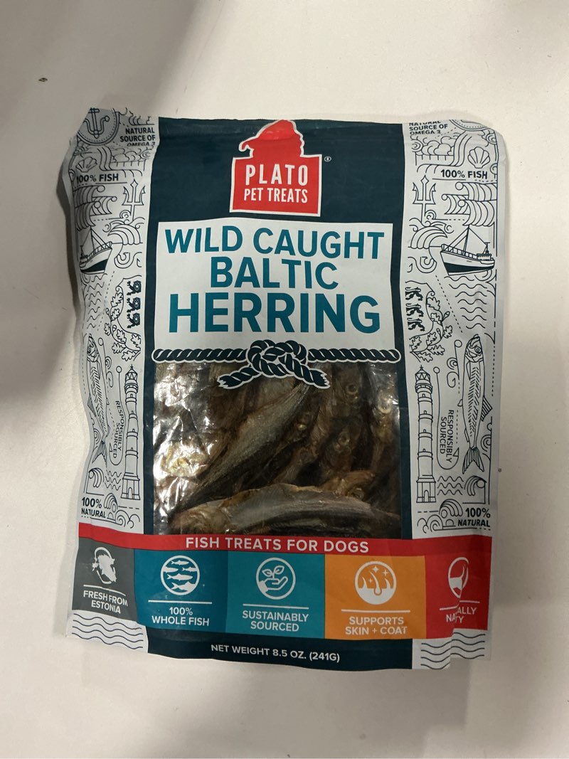 Condition photo showing Good Condition for Best by 04/15/26 Plato Pet Treats Fish Dog Treats - Air-Dried, Single Ingredient Dog Treat - with Omega 3 & 6 Fatty Acids to Support Skin and Coat - 100% Whole Fish - Wild Caught Baltic Herring Dog Treats - 8.5 oz