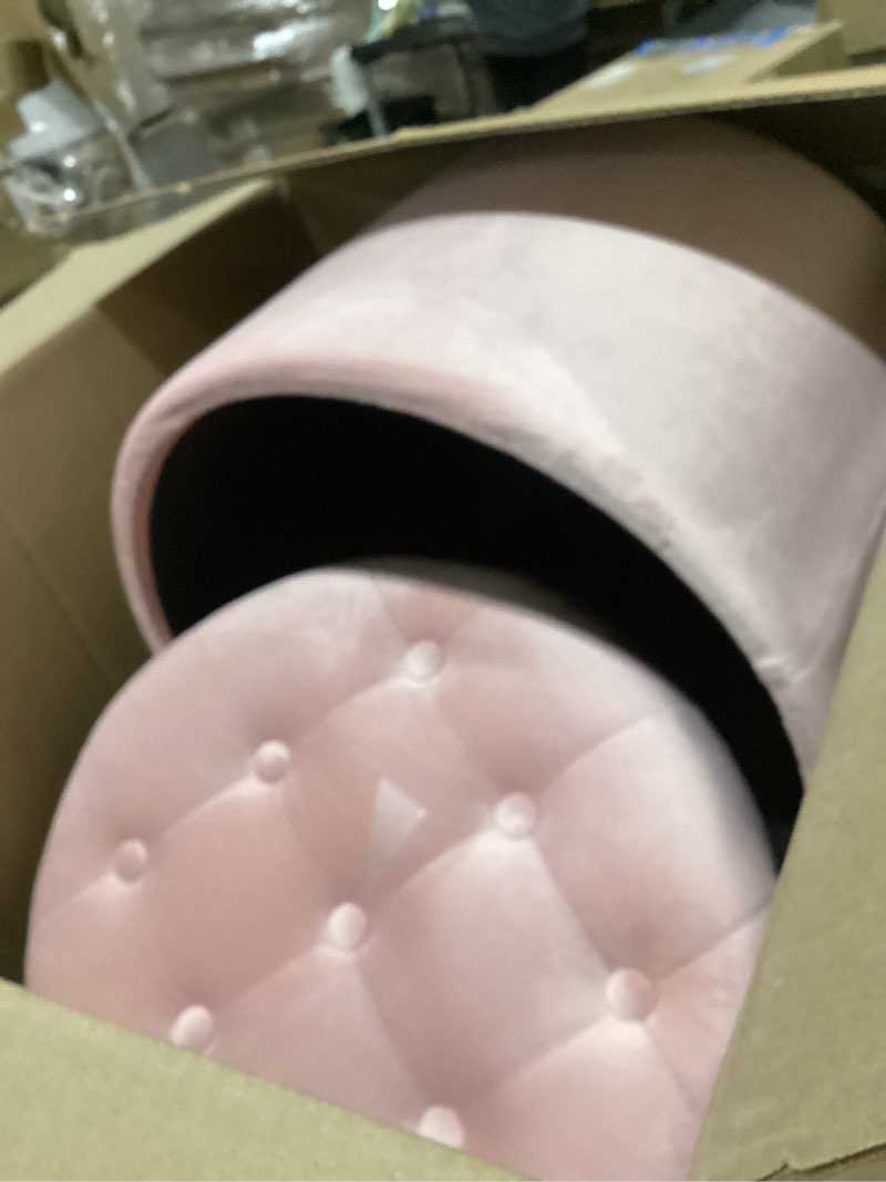 Condition photo showing Good Condition for songmics round ottoman, ottoman with storage, 17.7 x 17.7 x 17.5 inches, foot rest with legs, velvet, load up to 330 lb, for living room, bedroom, jelly pink ulom012r01 jelly pink 17.7"d x 17.7"w x 17.5"h classic