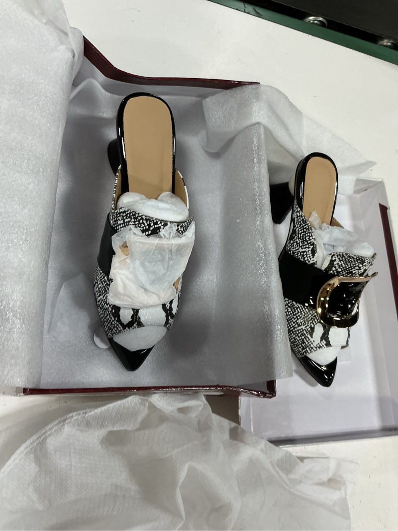 Condition photo showing Good Condition for tinacus women's handmade leather comfortable unique design heel peep toe slip on mule pumps 4.5 black