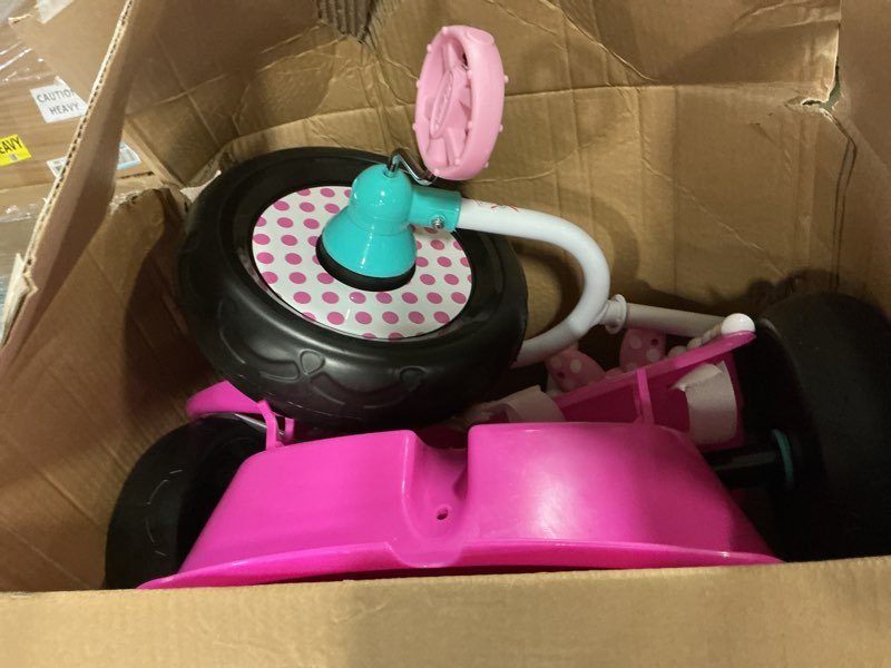 Condition photo showing As Is for Huffy Disney Minnie Mouse Girl's Trike, Ideal for Ages 3+, Minnie Mouse Graphics, Pink Handlebar Bow Basket, Storage Bins for Snacks or Toys, Sturdy and Durable, Safe for Toddlers