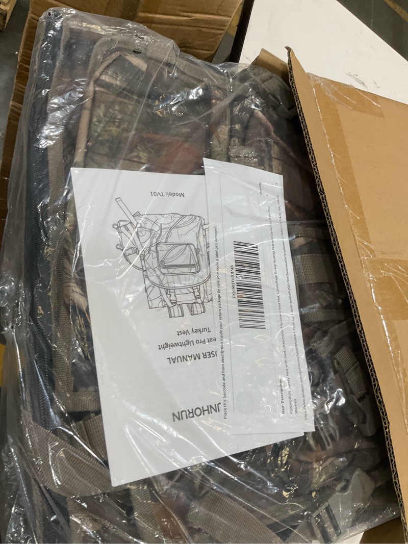 Condition photo showing New/Like New for funhorun turkey vest with seat, ?detachable flip-down seat mat, camouflage turkey hunting vest with game pouch for men women