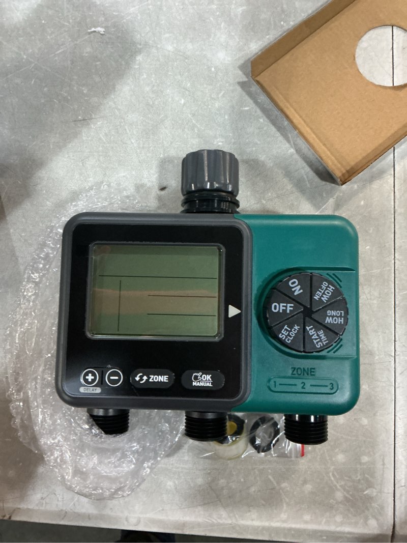 Condition photo showing New/Like New for 3 zone sprinkler timer,3 custom watering plans hose time, ip65 waterproof, rain delay manual & automatic watering with large lcd for yard lawn outdoor 3 outlet