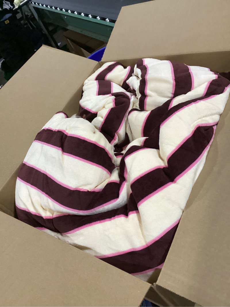 Condition photo showing Good Condition for Bedbay Striped King Comforter Set Velvety Fleece Comforter Set Modern Style Striped Beding with 2 Pillowcases Lightweight 3 Pcs Boho Bedding Quilt Farmhouse Fluffy Bed Set for All Seasons Vertical Stripes-brown/Pink King