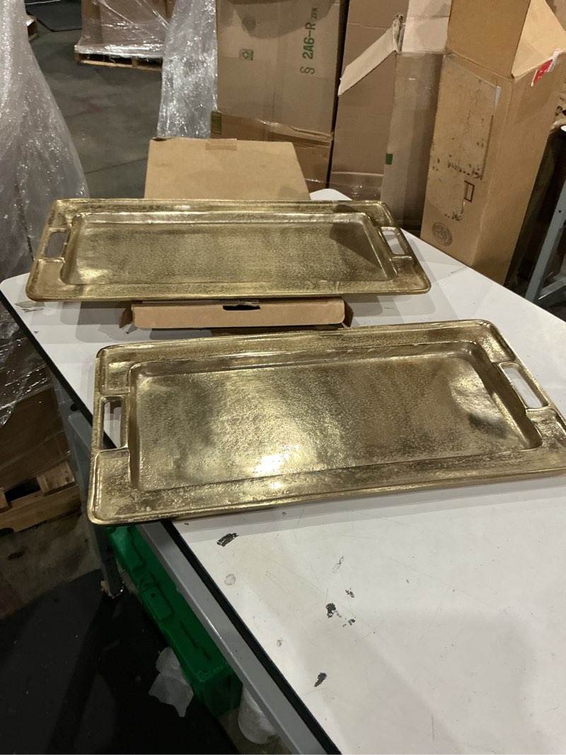 Condition photo showing As Is for decorative gold trays by objet d’art, beaufort rectangular bar tray for living room, ottoman and coffee table, set of 2 trays for candles, liquor, and centerpieces