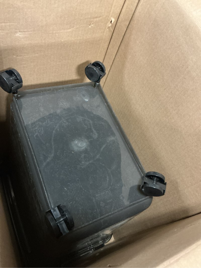 Condition photo showing As Is for iris usa airtight dog food storage container, weatherpro, up to 40 lbs, removable wheels, for dog cat bird and other pet food storage bin, keep fresh, translucent body, made in usa, smoke/black 40 lbs smoke