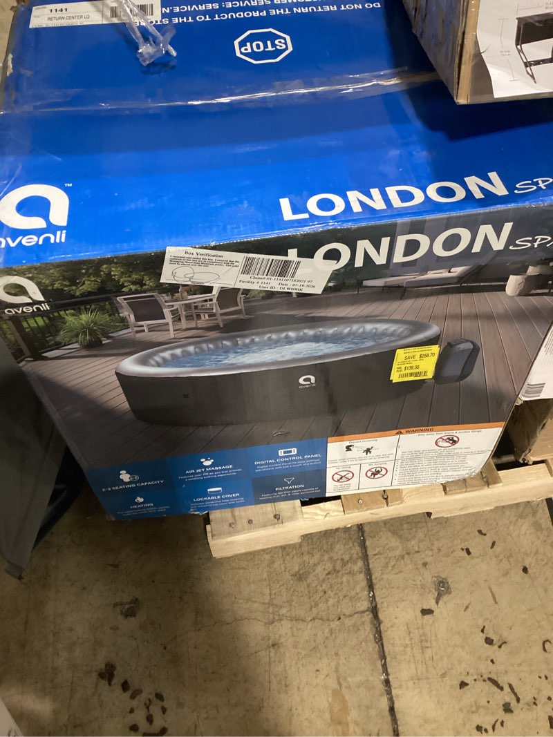 Condition photo showing As Is for avenli london 2-3 person inflatable hot tub spa + cover, rapid heating up to 104°f, 105 water jets, 181 gal capacity