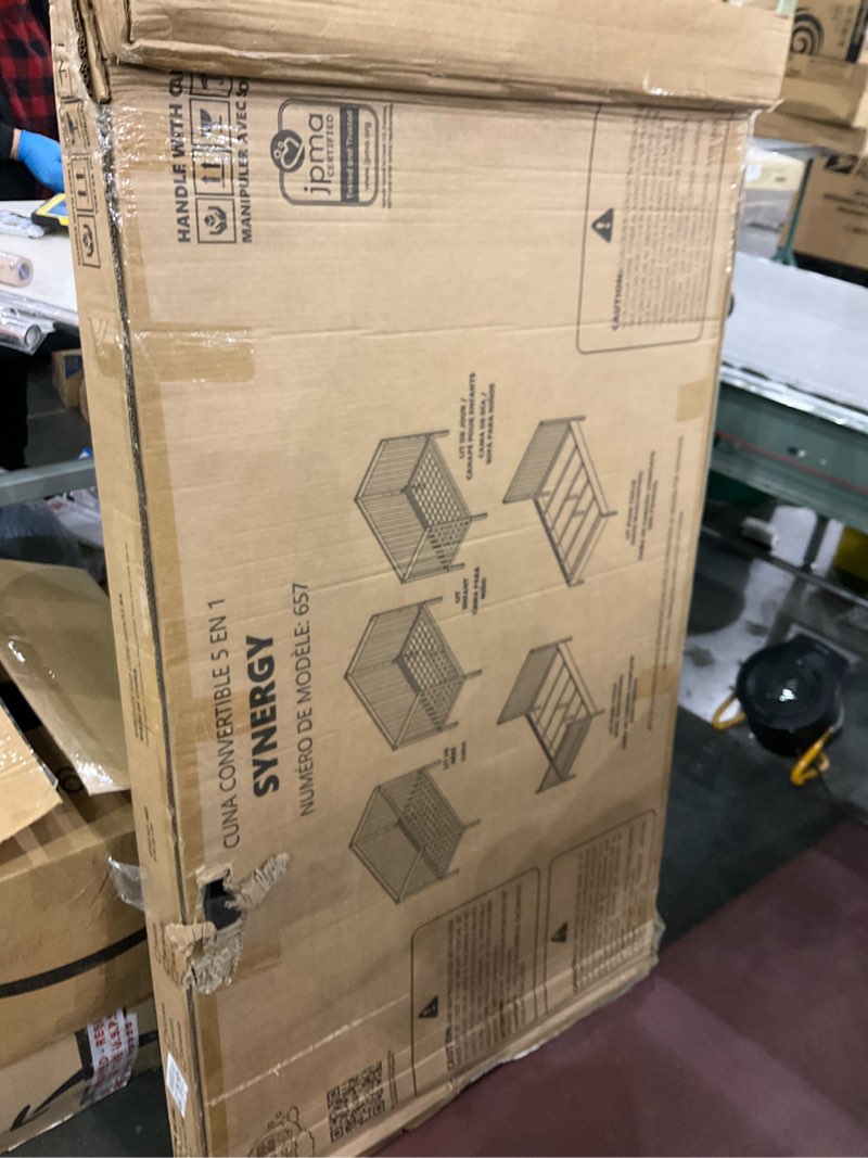 Condition photo showing As Is for Dream On Me Synergy 5-in-1 Convertible Full-Size Baby Crib with Toddler, Day & Full Bed Conversion in Cherry, GreenGuard Gold & JPMA, 3 Mattress Heights, Sustainable Pinewood Cherry Synergy