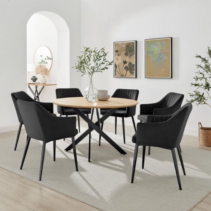 incomplete * only base foot no top* Novara 120cm Oak Effect Dining Table & 6 Calla Black Velvet Chairs 