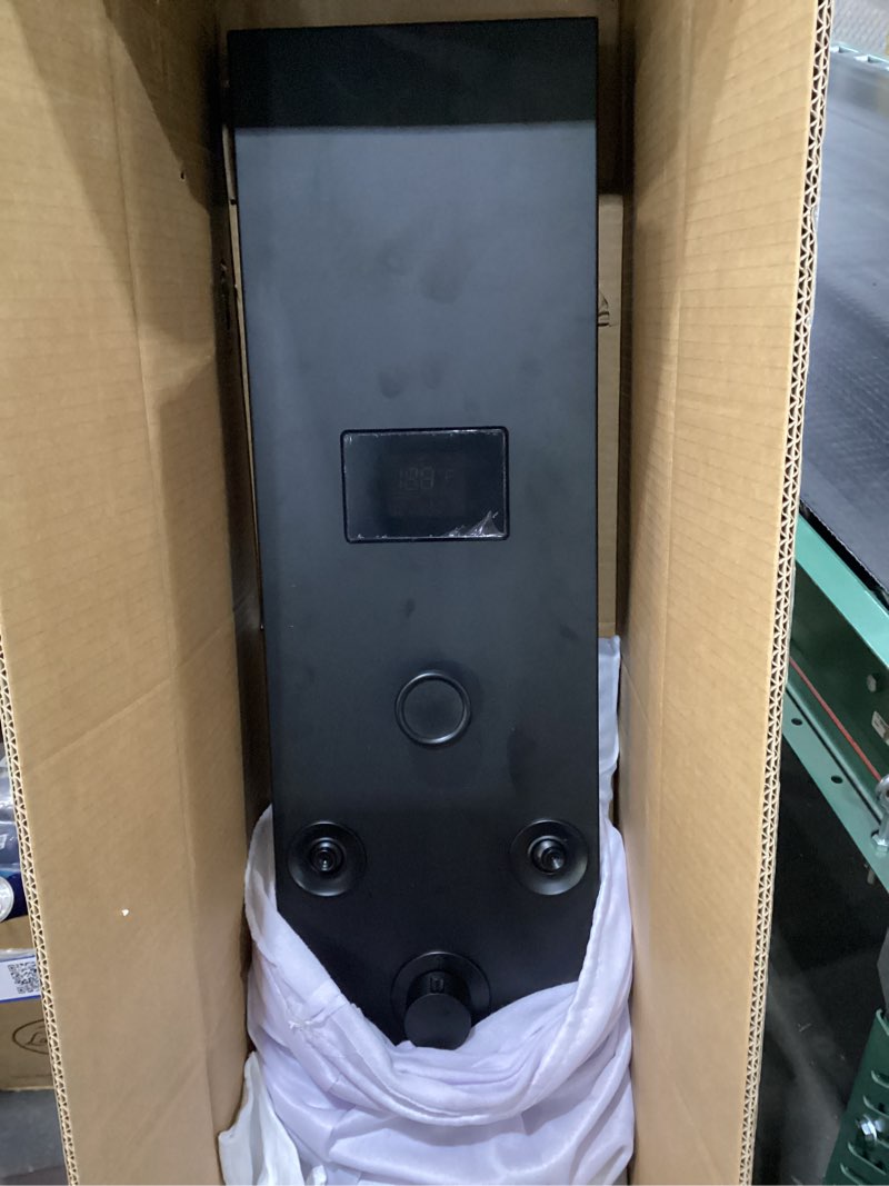 Condition photo showing As Is for Black Shower Panel Tower System Stainless Steel LED Rainfall Waterfall Shower Head 5-Function Faucet Rain Massage System Wall Mount with 8 Body Jets, Handheld, and Tub Spout Matte Black 5 in 1 Shower Panel