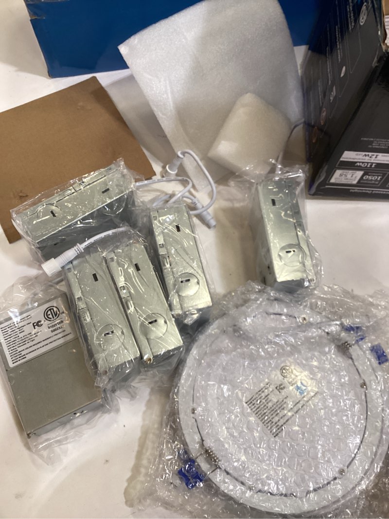 Condition photo showing As Is for meconard 6 pack 6 inch 5cct led recessed lighting with night light, 2700k/3000k/3500k/4000k/5000k selectable ultra-thin led recessed ceiling lights, 12w=110w, 1050lm, dimmable canless wafer downlight white 6 inch