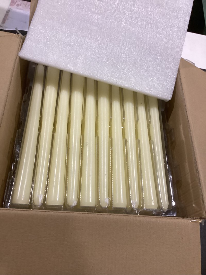 Condition photo showing New/Like New for 100Pack Ivory Taper Candles, 7-8 Hours Burn Time, Unscented, Smokeless and Dripless, 0.75 x 10 Inch Dinner Candle Set for Household, Wedding, Party and Home Décor Candlesticks Ivory-100
