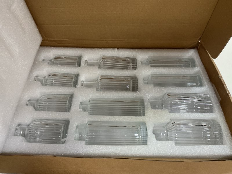 Condition photo showing New/Like New for 12 sets ribbed glass bud vases set for flowers in bulk mini smal mini ribbed vases for centerpiece table decorative wedding reception, party, home decor, housewarming gift