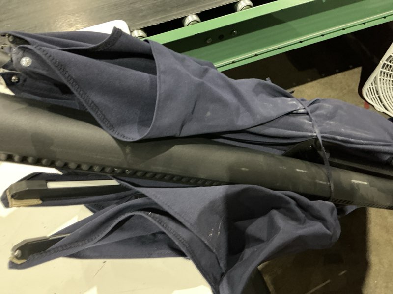 Condition photo showing As Is for purple leaf 11-ft aluminum navy crank cantilever patio umbrella with base
