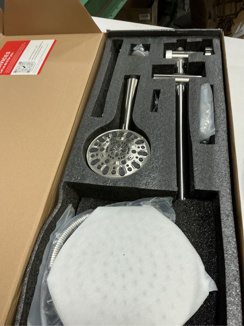 Condition photo showing Good Condition for rainfall 8 inch round shower head with high pressure handheld spray combo, drill-free slide bar with adjustable shower extension arm, 3-way diverter for easy reach, 5ft hose- brushed nickel