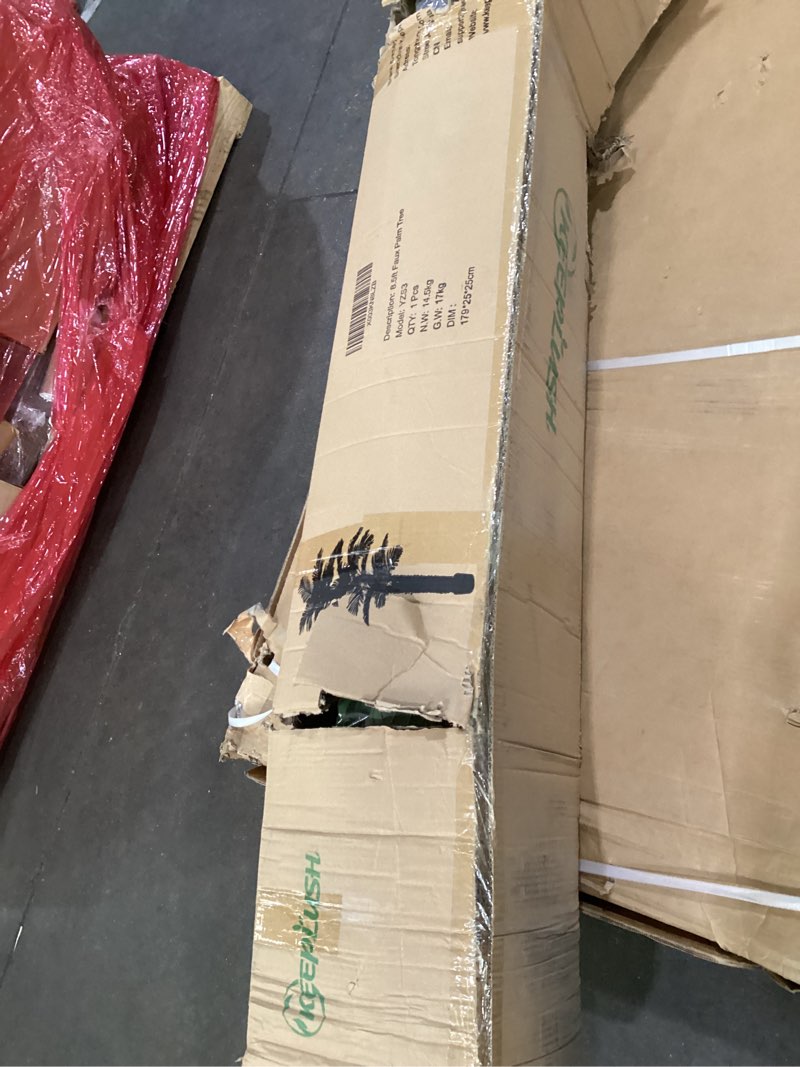 Condition photo showing As Is for 8.5ft Tall Artificial Palm Tree for Outdoors - Triple Phoenix Palm, UV Resistant, Large Fake Silk Palm Tree - Perfect for Patio, Poolside, Home Indoor Aesthetic Decor Triple Phoenix Palm 8ft 6in