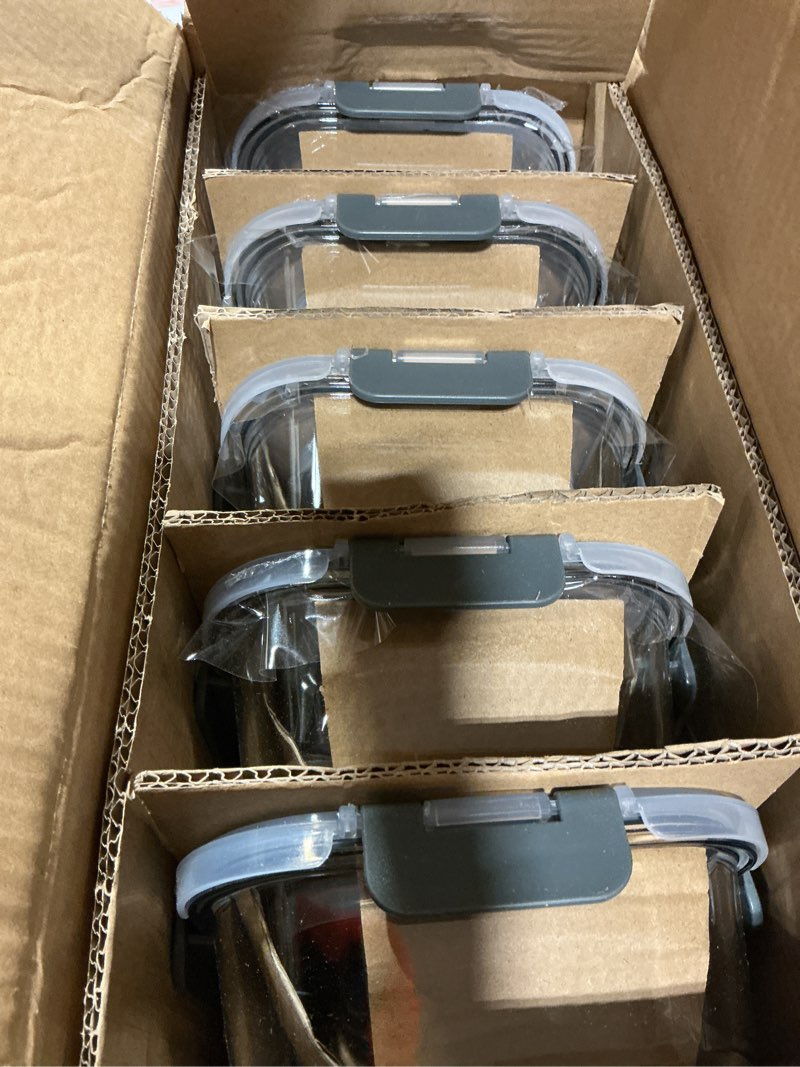 Condition photo showing New/Like New for [10-pack] glass meal prep containers with lids, mcirco food storage containers with snap locking lids, airtight lunch containers, microwave, oven, freezer and dishwasher gray