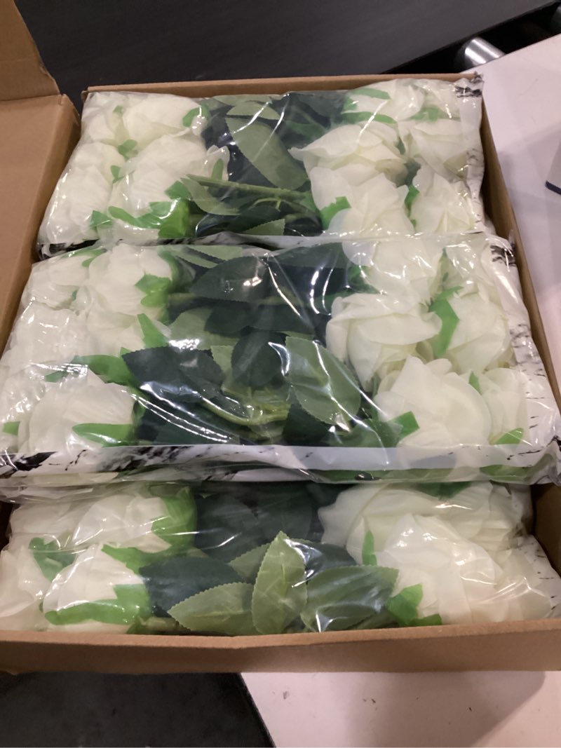 Condition photo showing Good Condition for kisflower 60 pcs white roses artificial flowers bulk, silk roses with stem realistic white artificial roses for decoration diy wedding bouquet bridal shower party home table centerpieces decor (white) white-60