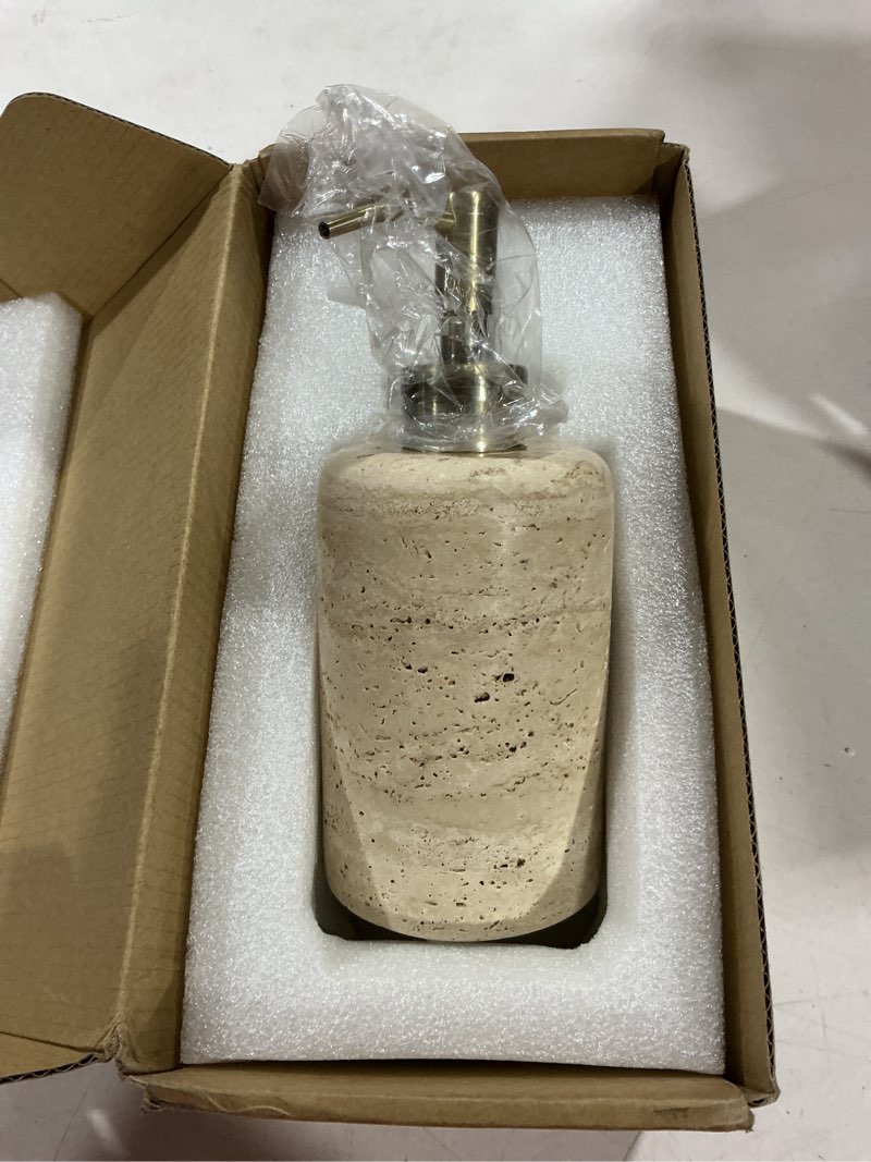 Condition photo showing Good Condition for natural marble vintage stone refillable bathroom liquid dispenser 165ml lotions soap container stainless steel pump head (beige travertine)