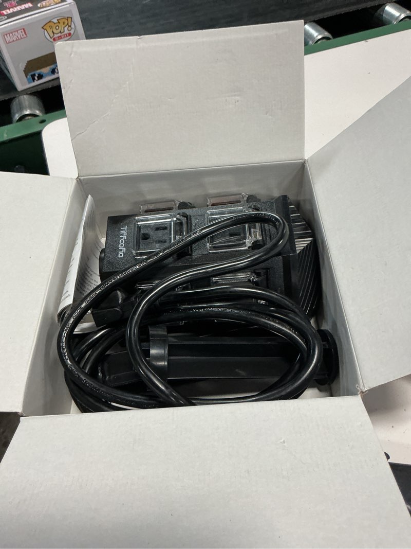 Condition photo showing As Is for tiffcofio outdoor power strip with 50 ft extension cord, 100ft remote control, dusk to dawn light timer waterproof, 6 grounded outlets for yard, pool and garden, etl listed (50 ft)