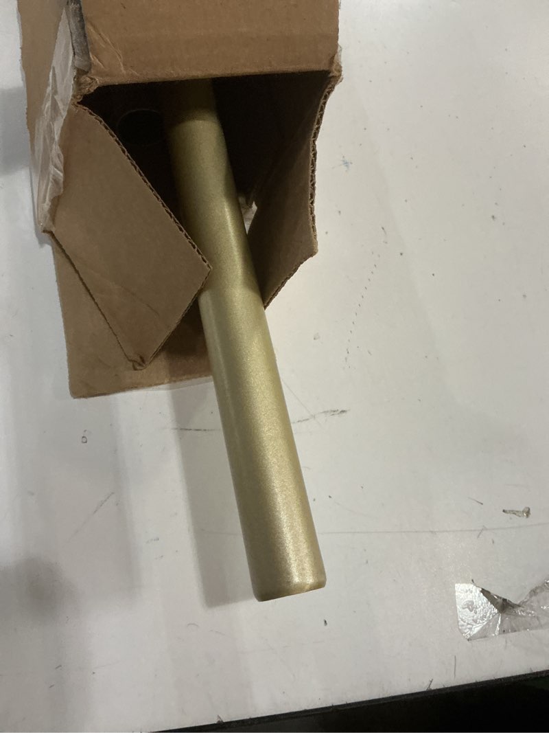 Condition photo showing As Is for heavy duty adjustable curtain rod, 1 inch long, 72 to 144 inch, round cap, ceiling mount, heavy brackets, outdoor patio, light gold 72-144" light gold