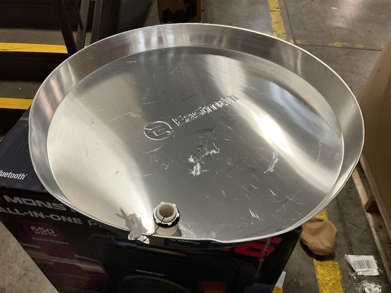 Condition photo showing As Is for eastman 26-in id aluminum water heater drain pan with pvc fitting