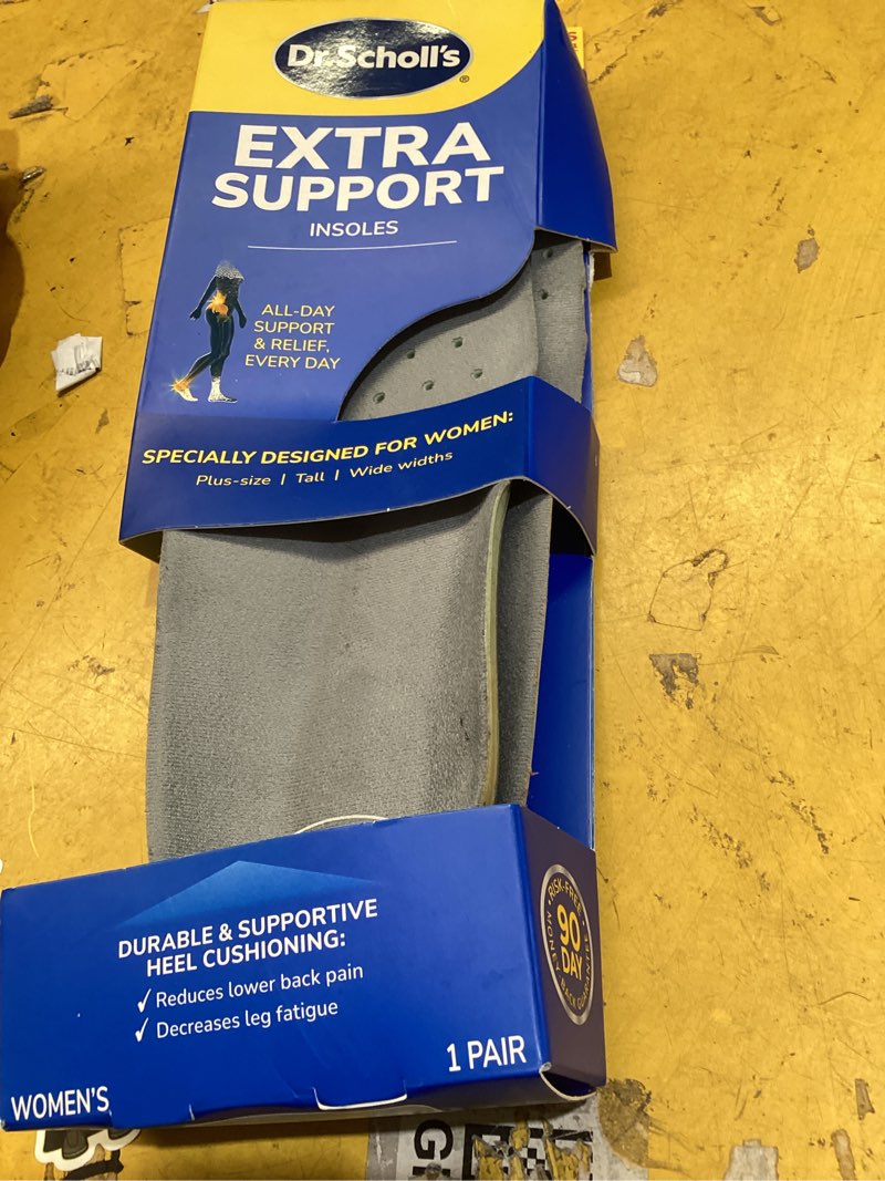 Condition photo showing As Is for dr. scholl's extra support shoe insoles for women, size 6-11, 1 pair: designed for plus-size and tall women, arch inserts - helps reduce lower back pain and foot & leg fatigue green women - size 6-11 (1 pair)