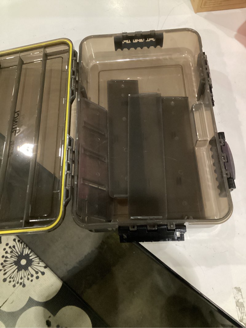 Condition photo showing As Is for missing some of the dividers**** runcl fishing tackle box, unique sun protection waterproof 3600 3700 tray, thicker floating airtight stowaway with adjustable dividers for freshwater saltwater, plastic storage box 1/2pack 3600+deeper 3700