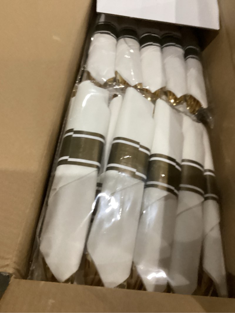 Condition photo showing As Is for Liacere 350PCS Navy Blue Plastic Plates-Disposable Blue Gold Plates 50guest Plastic Dinnerware include 100Plates,50Pack Pre Rolled Napkins with Silverware 50Cups for Martin Luther King Jr Bule