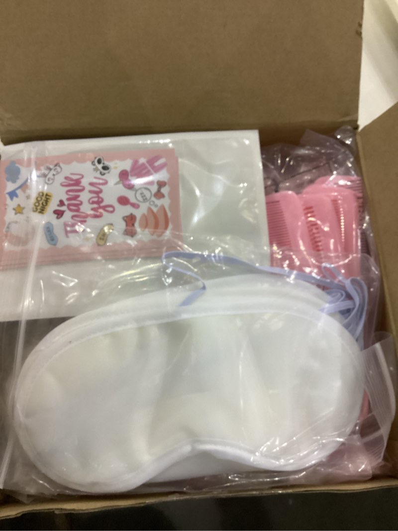 Condition photo showing Good Condition for 128 Pcs Sleepover Party Supplies for Women Include White Eye Mask Graffiti Mirrors Blindfold Fabric Marker Pens Hairband Scrunchies Comb Keychains for Spa Slumber Bachelorette Favors