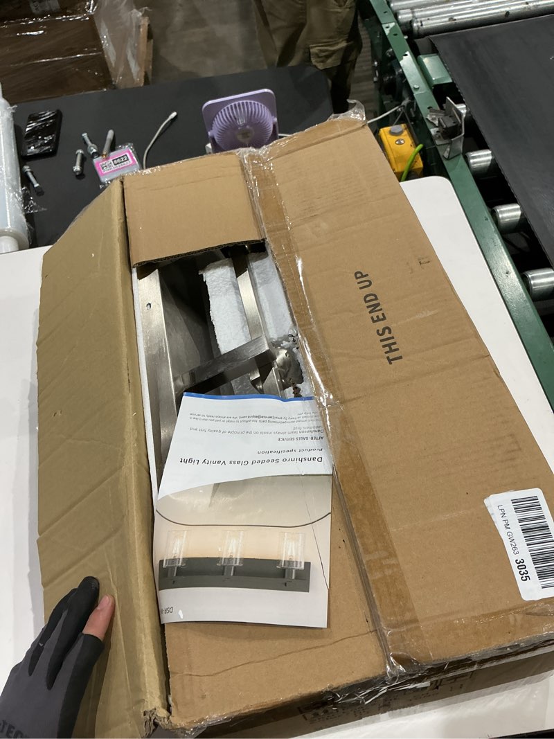 Condition photo showing As Is for espird bathroom vanity light, 3 light brushed nickel bathroom light fixture with thickened seeded glass shade, 24 inch modern vanity lights, bathrooms lights fixture over mirror nickel & seeded 3-light