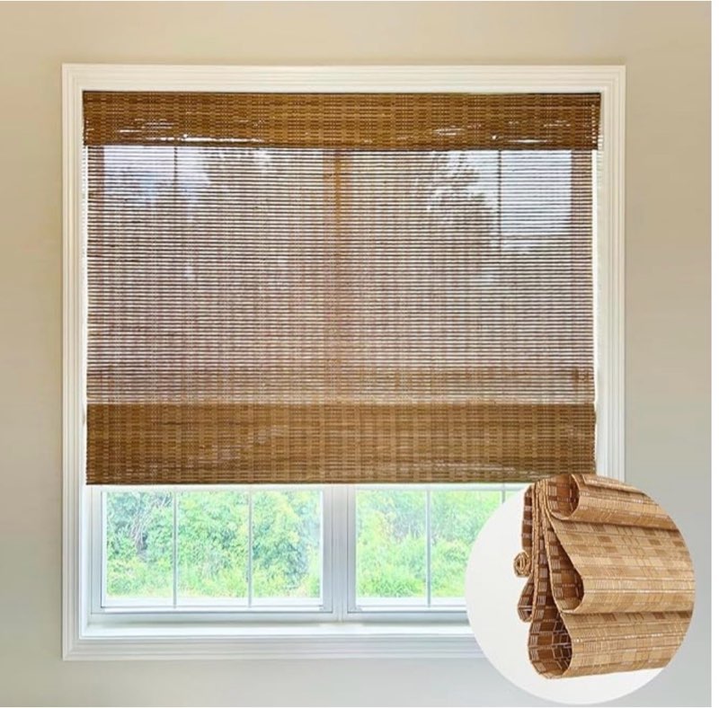letau cordless wood window shades blinds, bamboo sheer light filtering woven roman shades, walnut beige, 34.5" w x 64" l