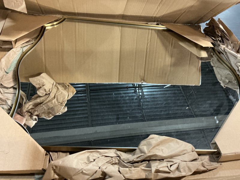 Condition photo showing Good Condition for ANDY STAR Gold Mirrors, 24x32 Inch Bathroom Vanity Mirror, Antique Brass Asymmetrical Mirror, Unique Rectangle Mirror with Sophisticated Curved Design, Ideal for Home Decor Brushed Gold 32\"L x 24\"W