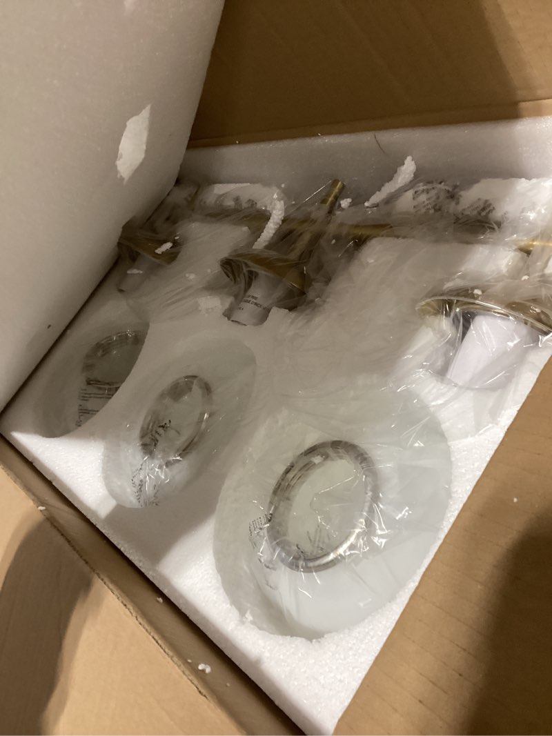 Condition photo showing As Is for Gold Bathroom Light Fixtures, 3-Light Bathroom Vanity Light Over Mirror, Modern Vanity Lighting Fixtures with Milky White Globe Glass Shade, 22.4 inch Wall Sconce Light (Exclude E26 Bulb) Gold 3-Light