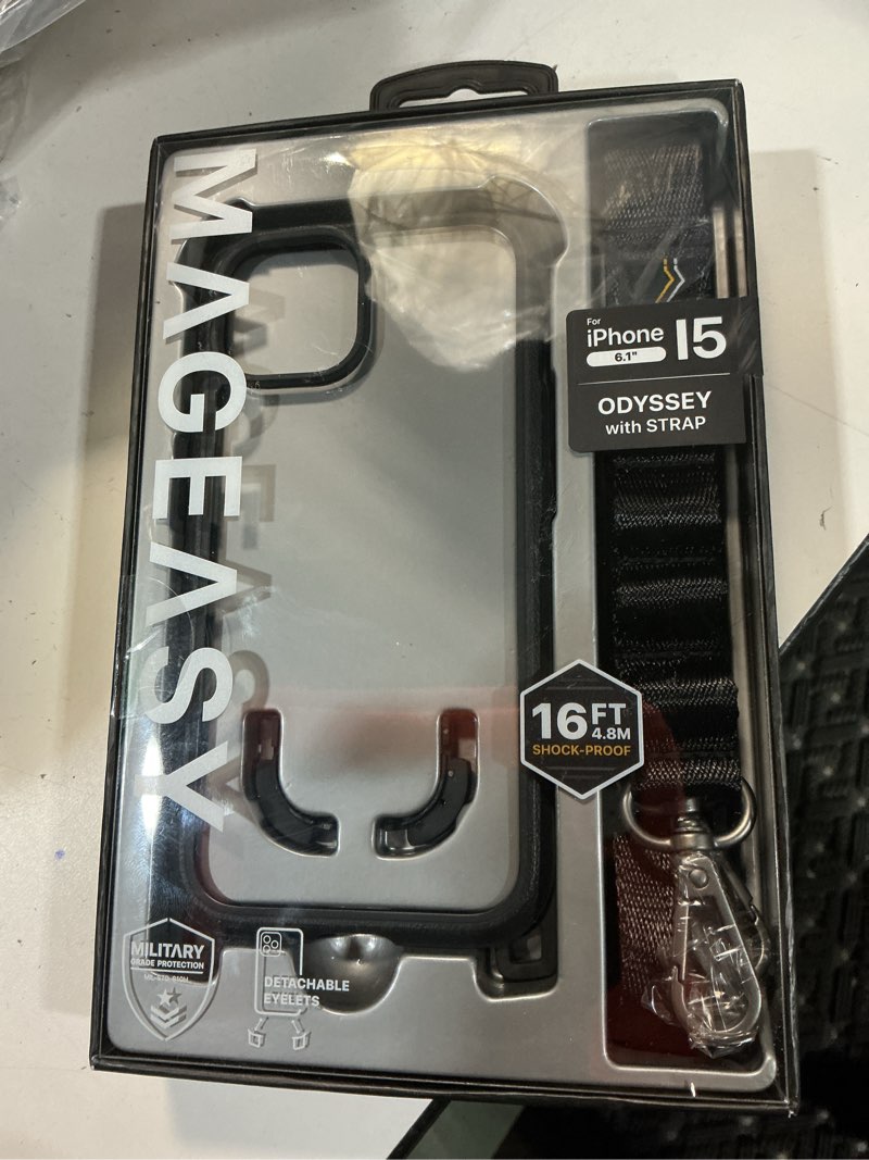 Condition photo showing New/Like New for mageasy case with strap for phone 15 - heavy duty 16ft drop protection, premium 6.1" crossbody case with lanyard for around the neck - odyssey + strap | embedded leather frame for phone 15 6.1" leather black