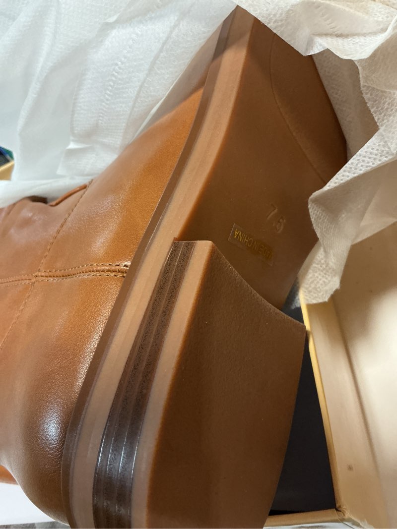Condition photo showing New/Like New for women's knee high boots chunky heel square toe tall boots for women low heel back zipper boots 6 brown,size 7.5
