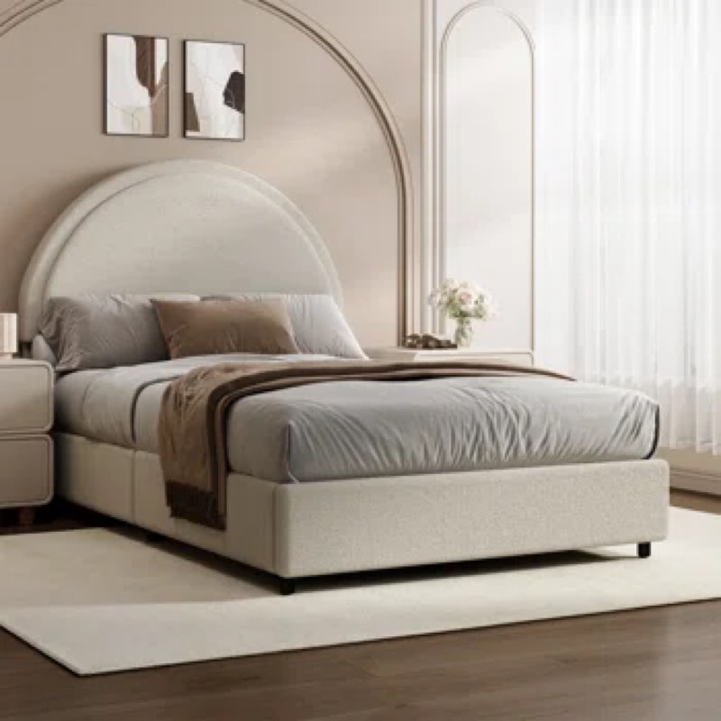 Boucle Upholstered Platform Bed Frame, Soft Bed Frame with Round Headboard, No Box Spring Required Color: Cream, Size: Queen