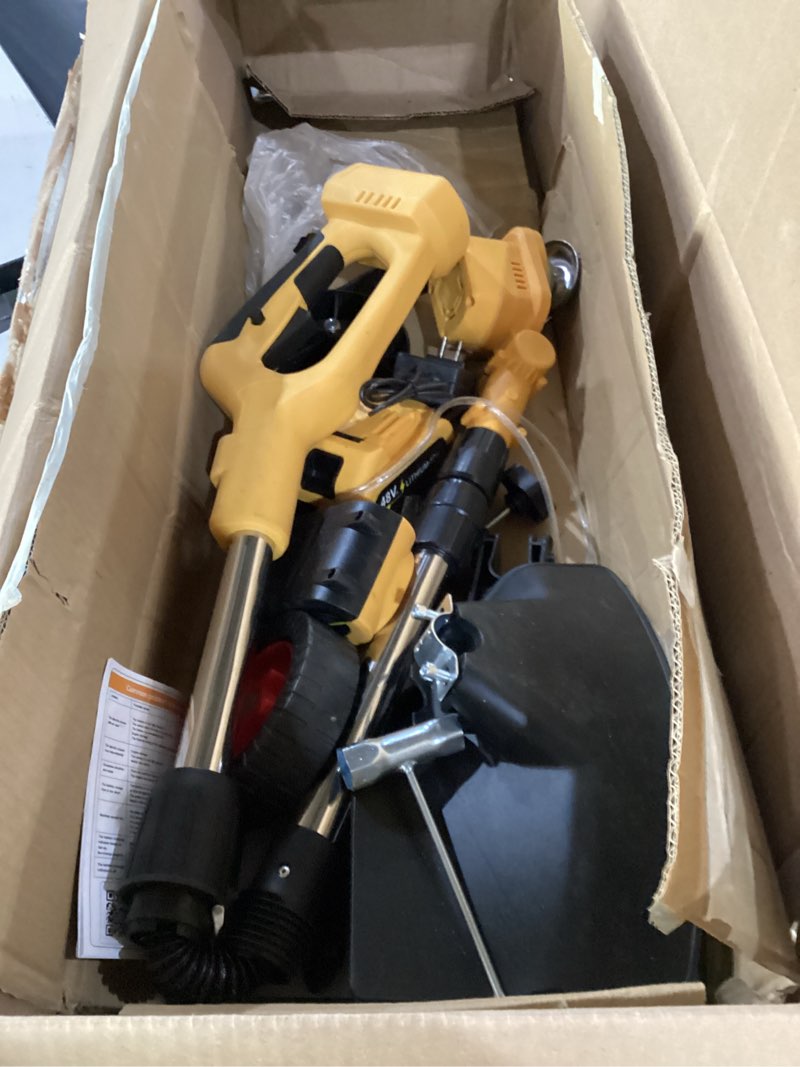 Condition photo showing As Is for not tested, incomplete**** 2026 new 30000 rpm brushless cordless weed wacker with wheels, 12-inch battery powered electric weed eater, 4-in-1 grass trimmer, brush cutter, stringless weed trimmer & lawn edger (yellow, 1 set) yellow 1