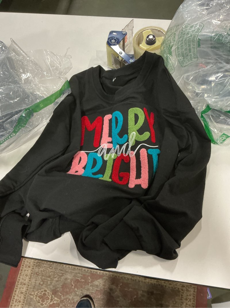 Condition photo showing Good Condition for Merry Christmas Sweatshirts Women Merry And Bright Christmas Pullover Top Chenille Patch Letter Printed Xmas Gifts Top Black Medium