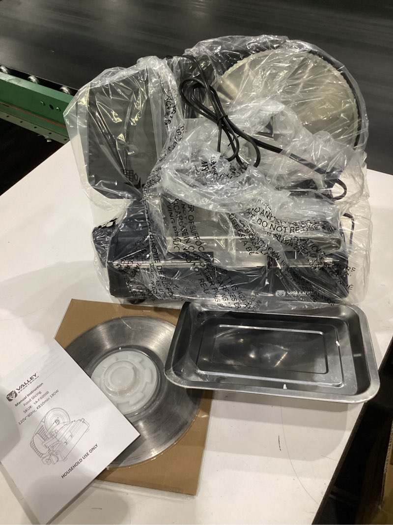 Condition photo showing New/Like New for electric meat slicer machine for home 8.7" deli slicer | 2 removable stainless steel blades, stainless steel tray, premium food slicers for meat cheese ham, adjustable thickness
