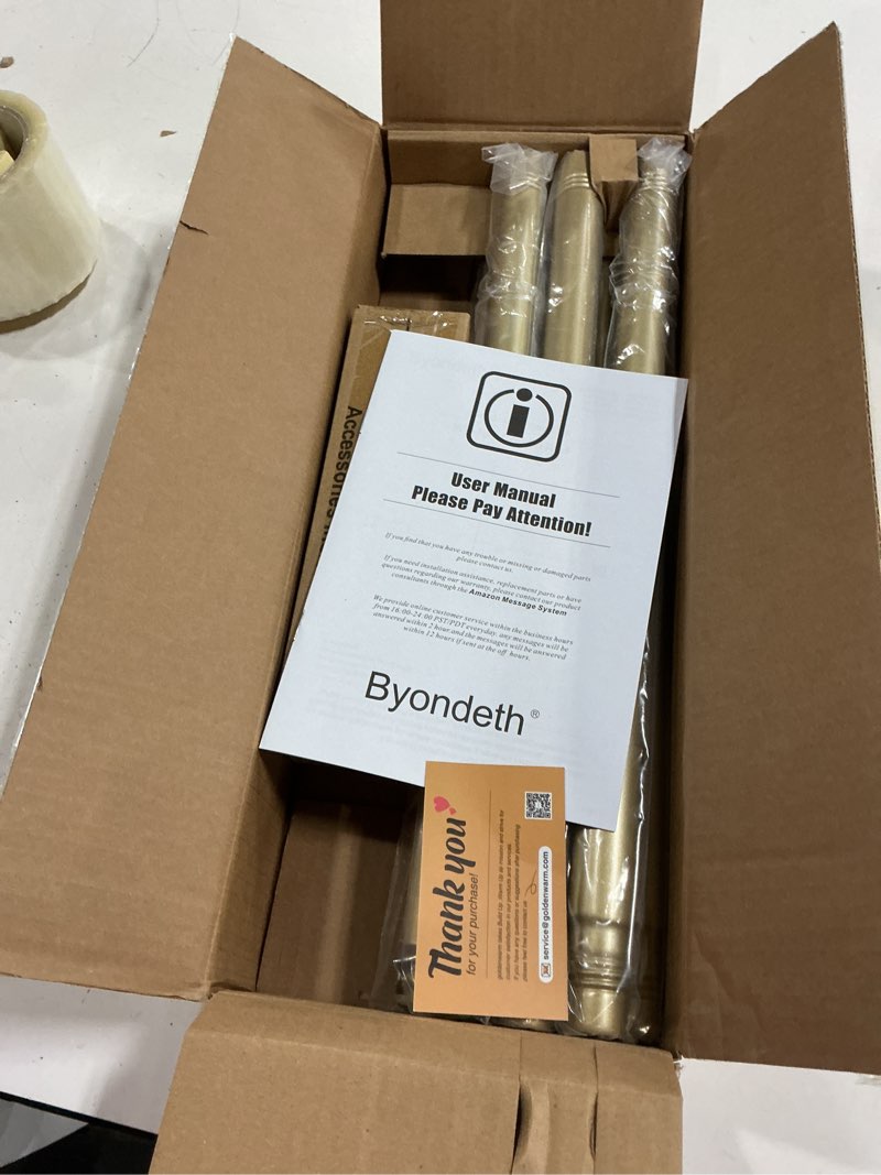 Condition photo showing New/Like New for byondeth curtain rods for windows 16 to 120 inches adjustable length 1 inch diameter window curtain rod with aluminium finials, warm gold warm gold 16" to 120"