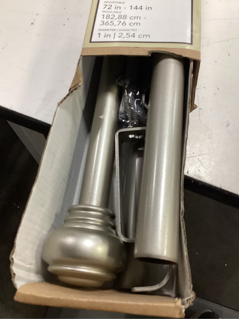Condition photo showing As Is for allen + roth 72-in to 144-in brushed nickel steel single curtain rod with finials