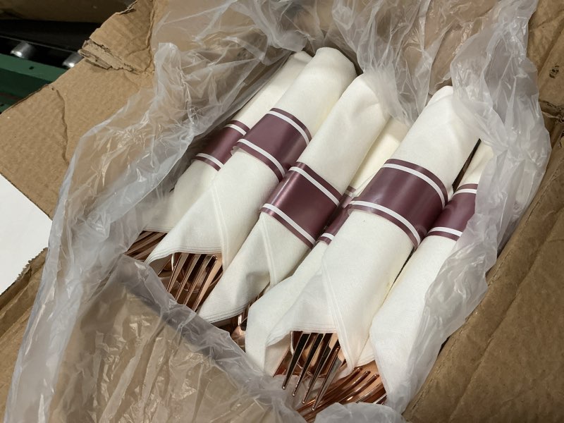 Condition photo showing Good Condition for 50 Pack Pre Rolled Rose Gold Plastic Silverware Set with Napkins,Disposable Wrapped Heavy Duty Cutlery Set for Wedding Birthday Party-50 Forks,Knives,Spoons,Utensils Set,Plasticware Bulk Rose Gold 50Pack